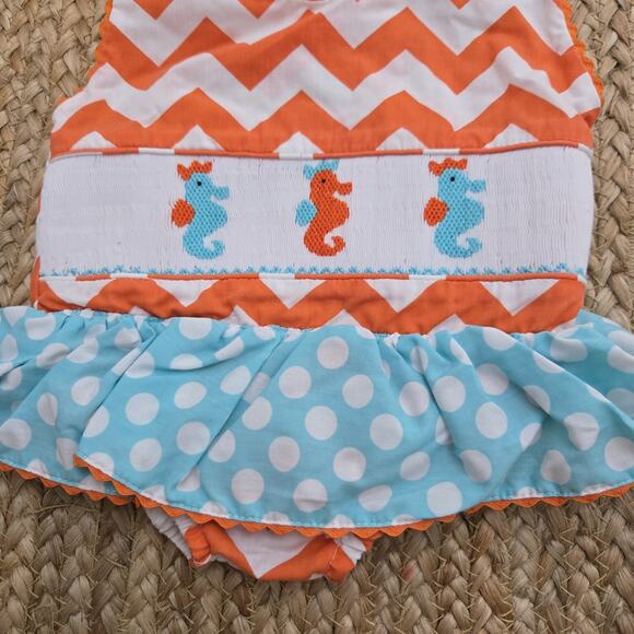 LOLLY WOLLY‎ DOODLE Smocked Ruffle Chevron Orange Seahorse Overalls 6mos Summer - Picture 2 of 5